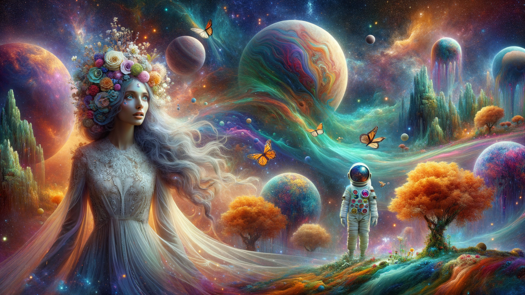 Serene Figure in a Cosmic Landscape with Butterflies