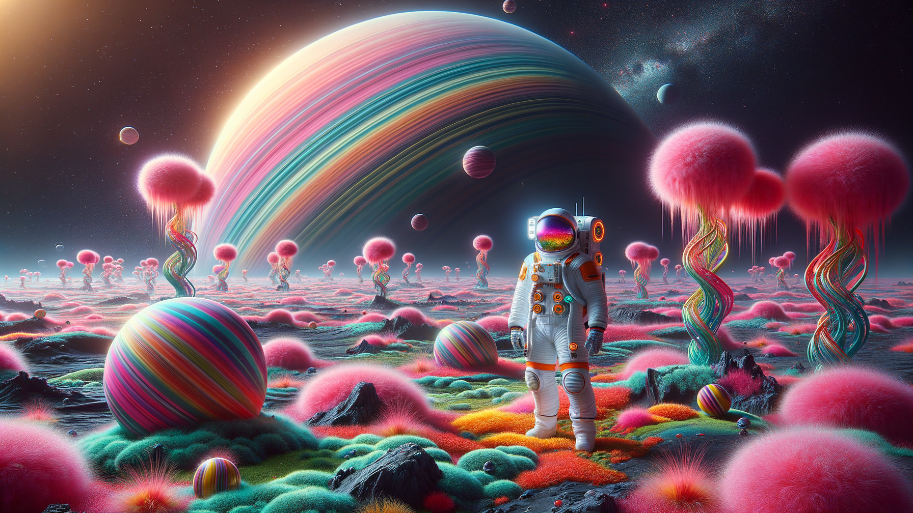 Astronaut on Alien Planet with Colorful Flora and Sky