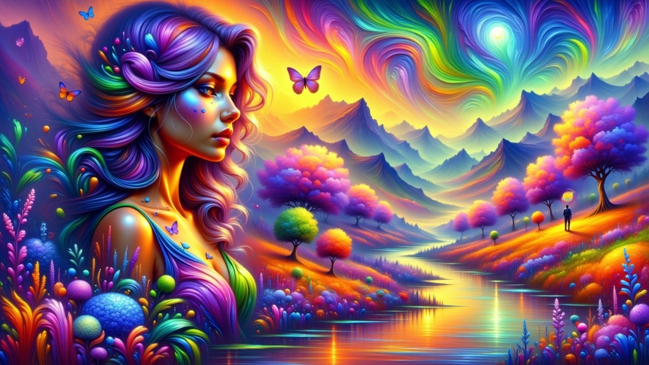 Surreal Landscape with Colorful Woman and Butterflies