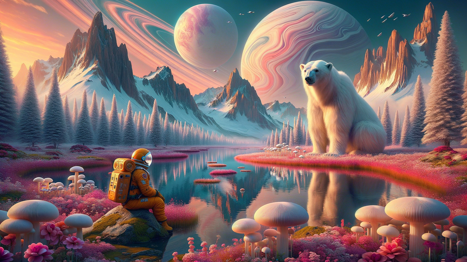 Surreal Landscape with Astronaut and Giant Bear