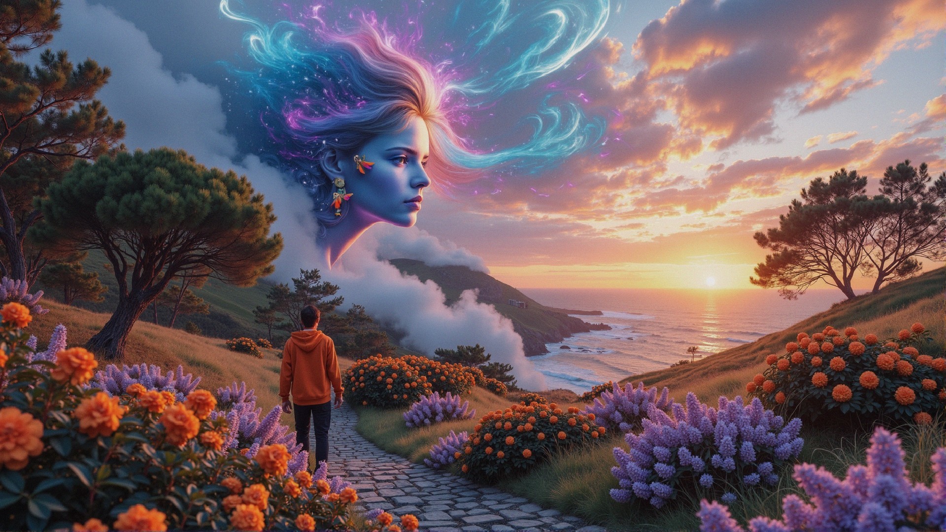 Serene Sunset Landscape with Ethereal Cloud Face