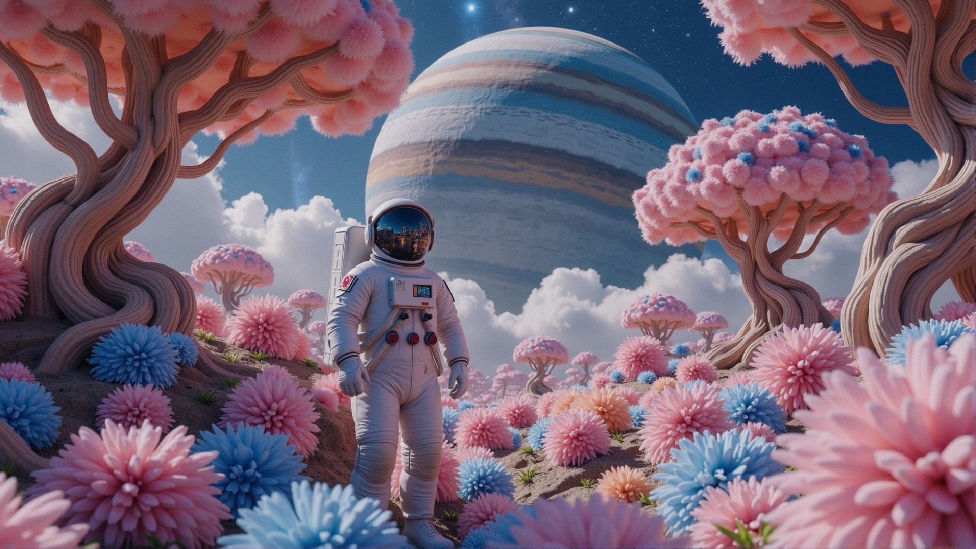 Astronaut in a Surreal Landscape with Colorful Flora