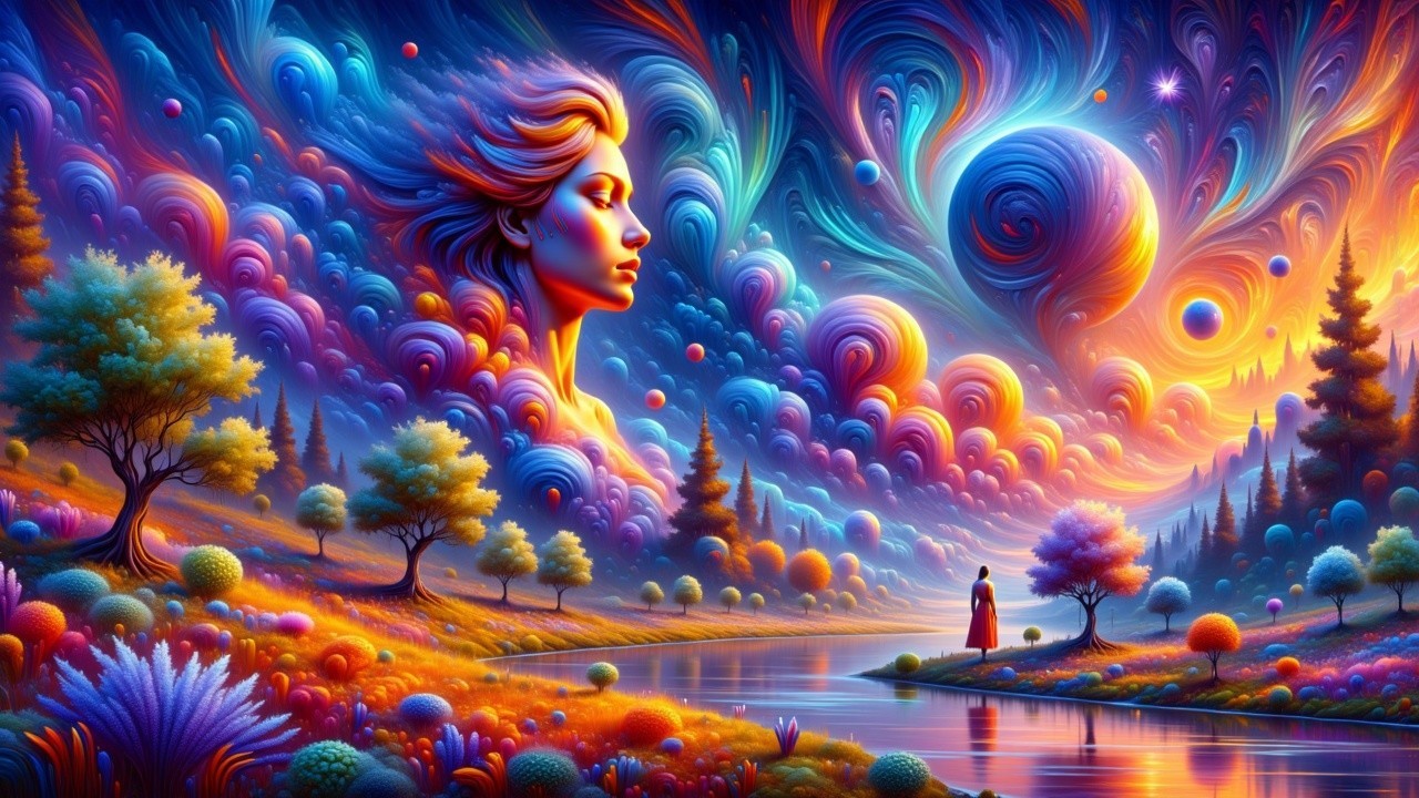 Surreal Landscape with Cosmic Colors and Ethereal Figure
