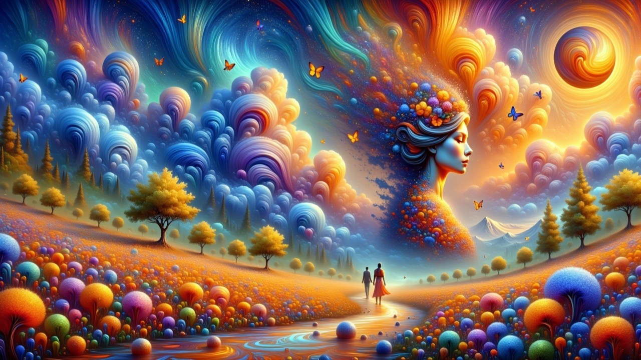 Surreal Landscape with Colorful Flowers and Clouds