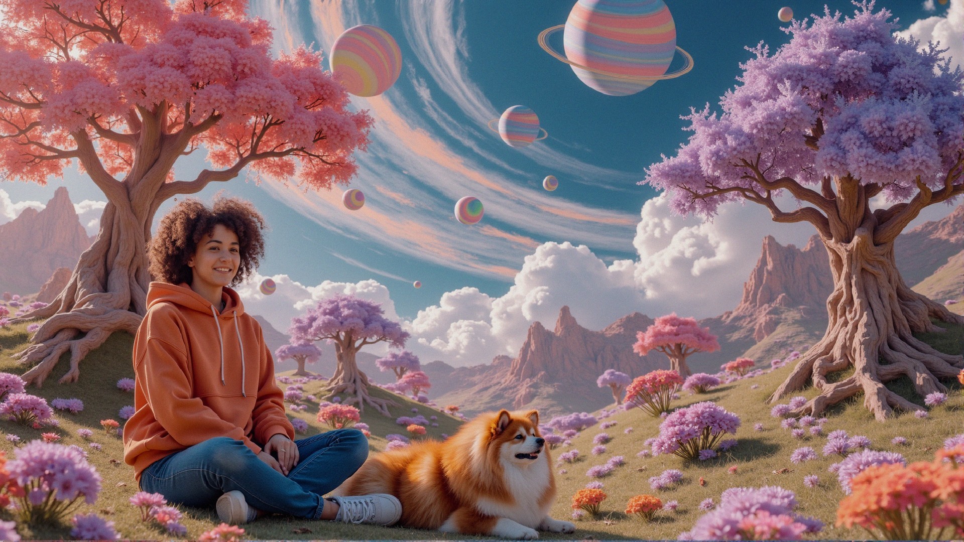 Whimsical Landscape with Young Woman and Fluffy Dog