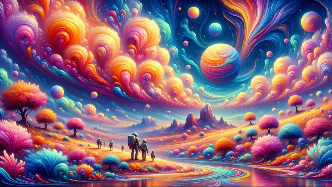 Surreal Landscape with Colorful Clouds and Explorers