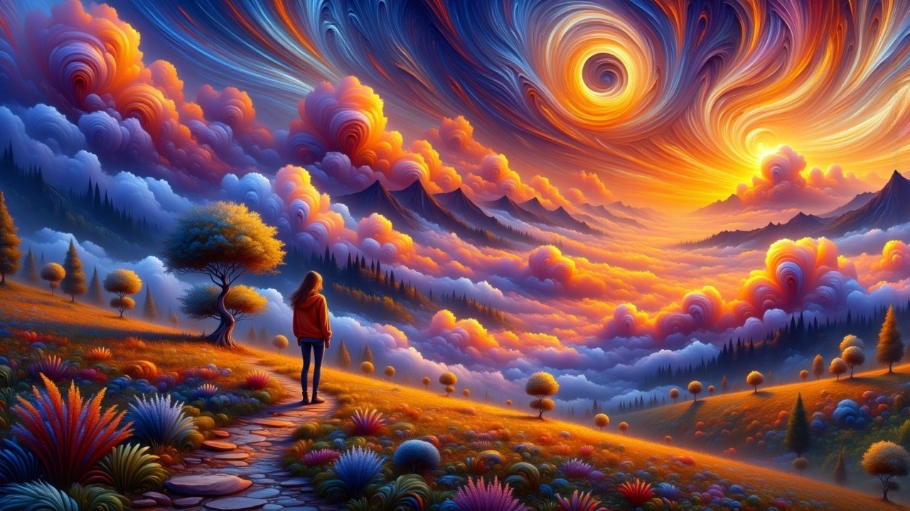 Vibrant Sunset Landscape with Grassy Hill and Path