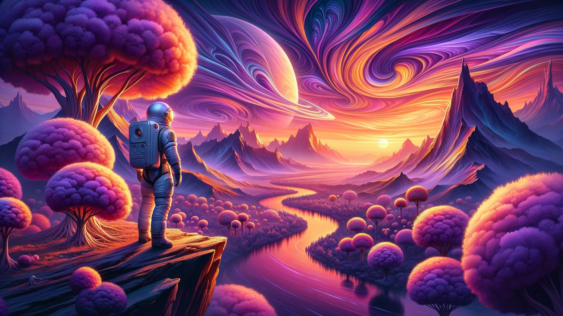Cosmic Landscape with Astronaut and Surreal Colors