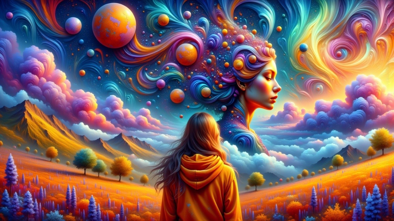 Colorful Landscape with Cosmic Figure and Girl