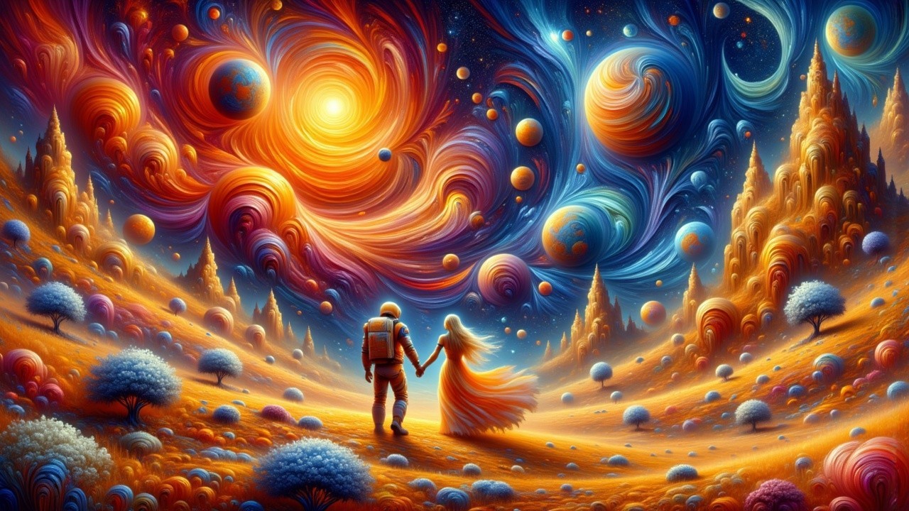 Astronaut and Figure in Vibrant Cosmic Landscape