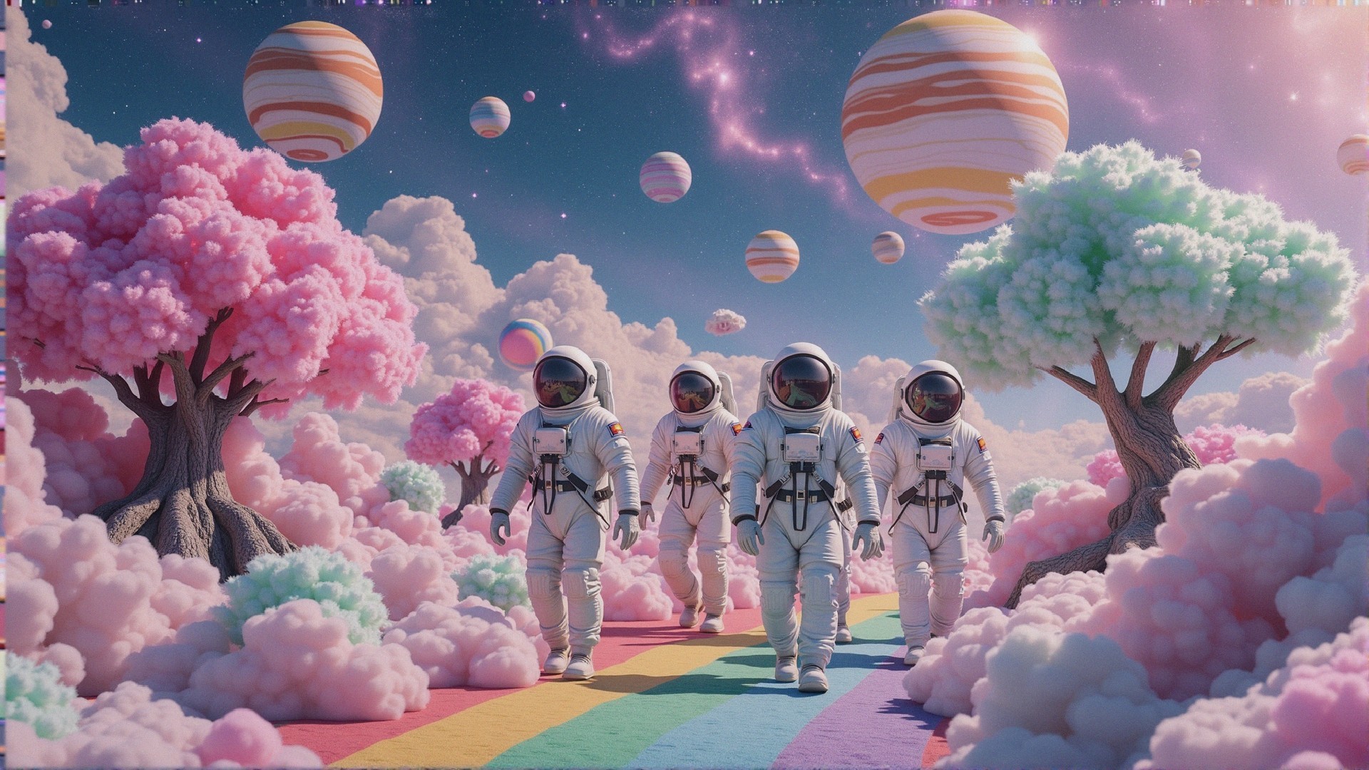 Astronauts on a Rainbow Path in a Dreamlike Landscape