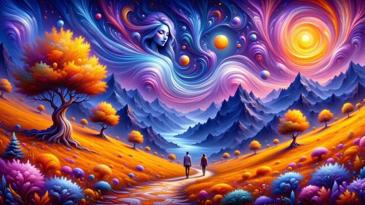 Vibrant Landscape with Galaxies and Serene Mountainscape