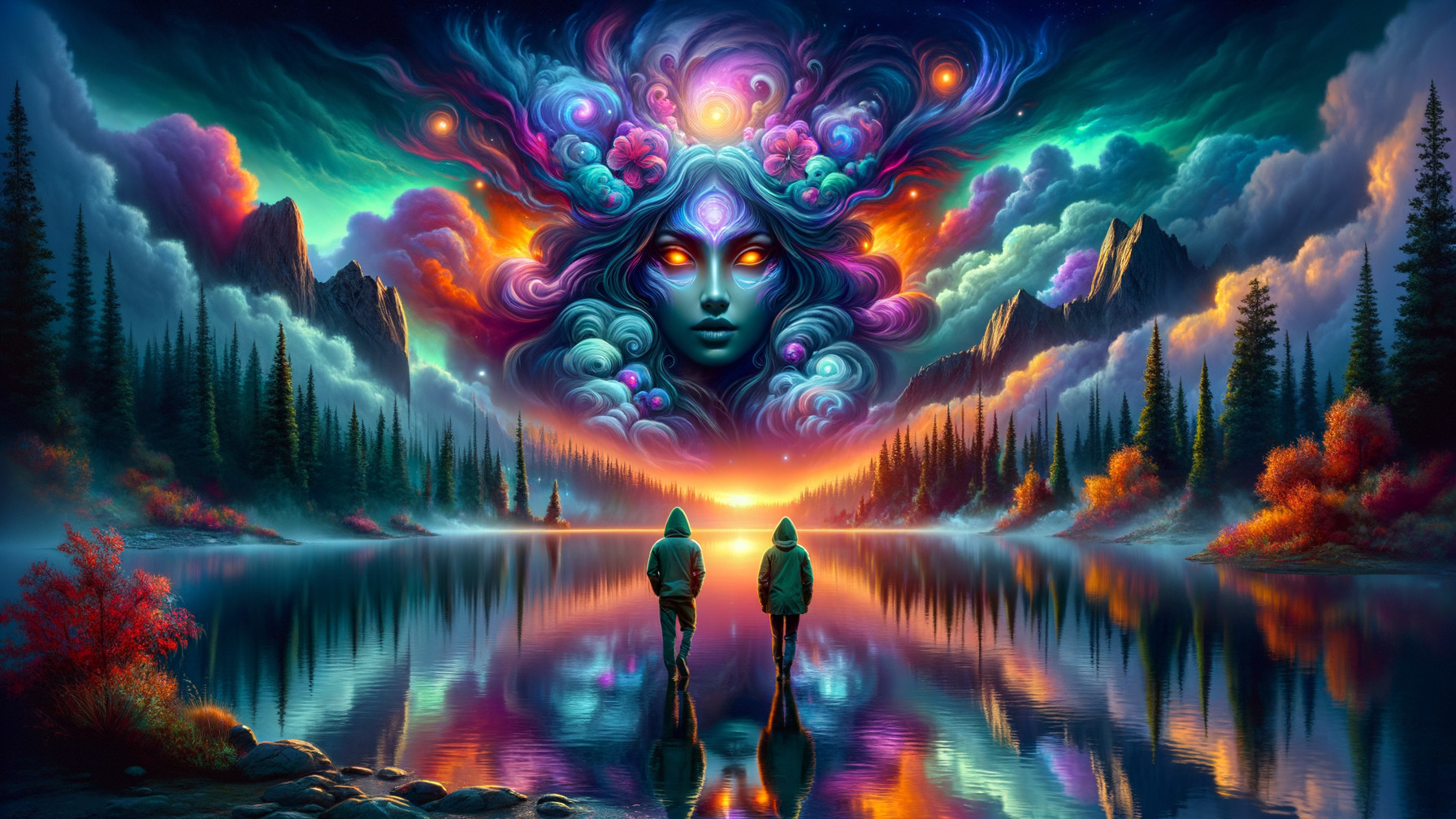 Tranquil Lake Landscape with Cosmic Sky and Figures