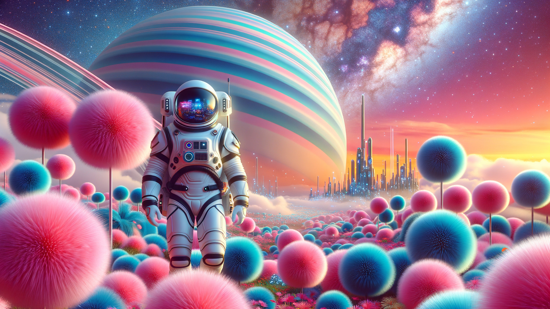 Astronaut in Colorful Landscape with Striped Planet