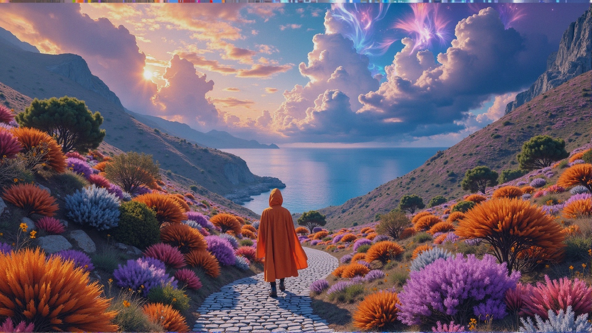 Lone Figure in Orange Cloak on Cobblestone Path
