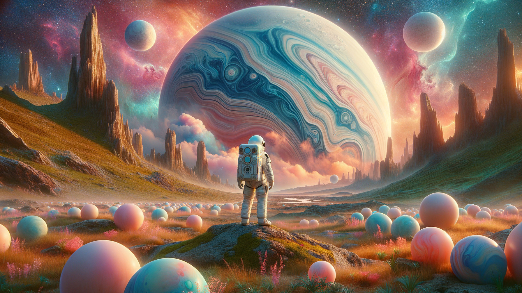 Astronaut in a Colorful Alien Landscape with Cosmic Hues