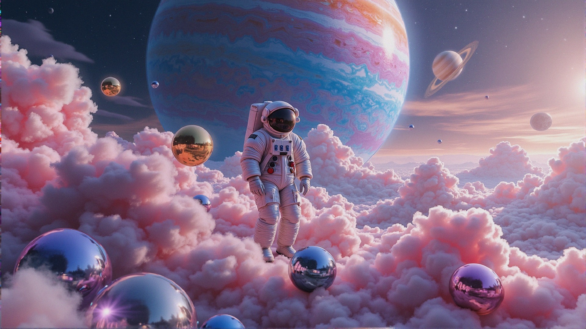 Astronaut on Pink Clouds in Cosmic Landscape with Planets