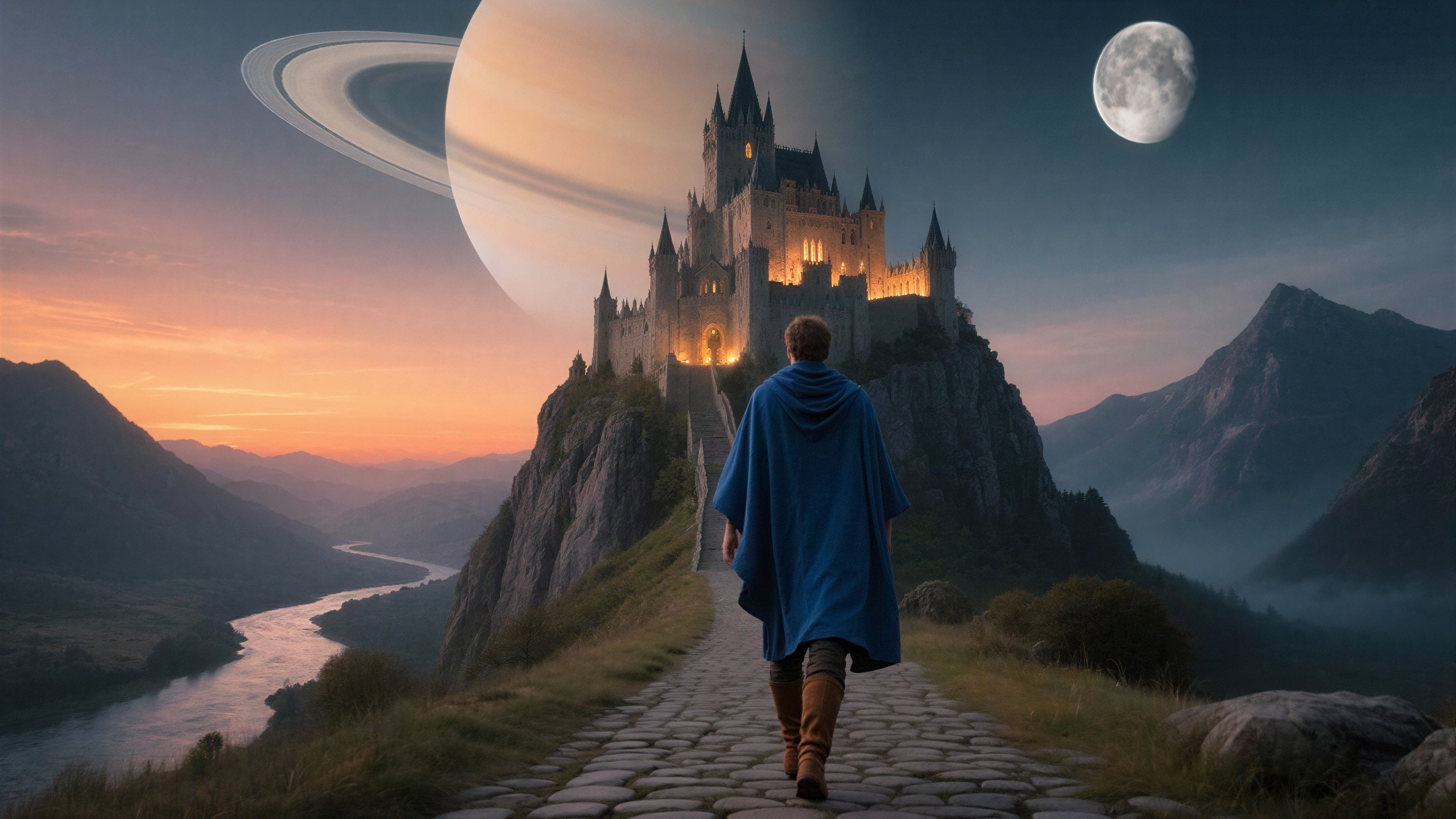 Celestial Scene with Mysterious Figure and Castle