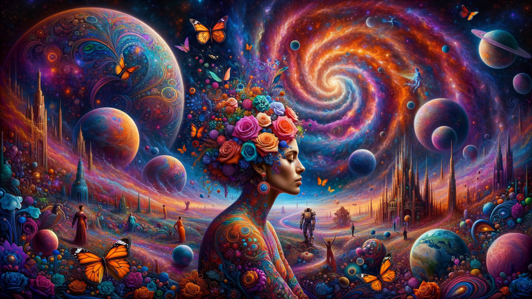 Cosmic Scene with Woman and Floral Headdress