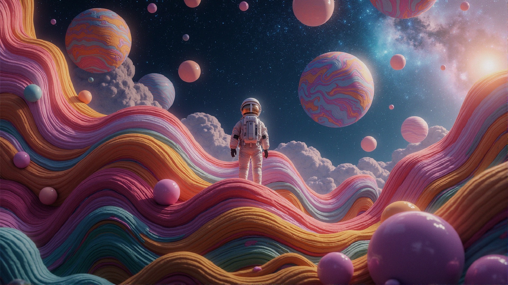 Surreal Landscape with Colorful Stripes and Spheres