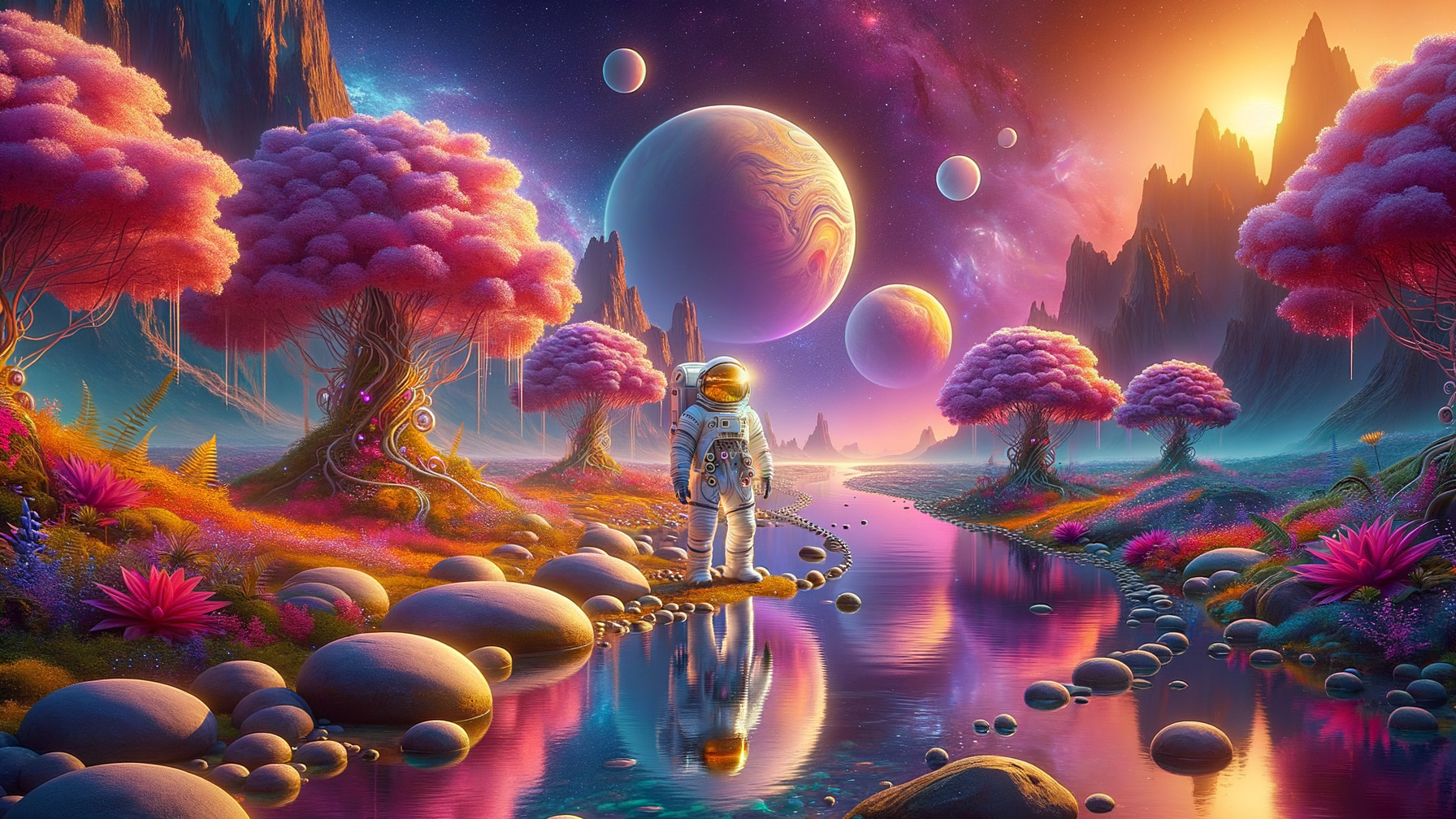Astronaut in a Cosmic Landscape with Surreal Flora