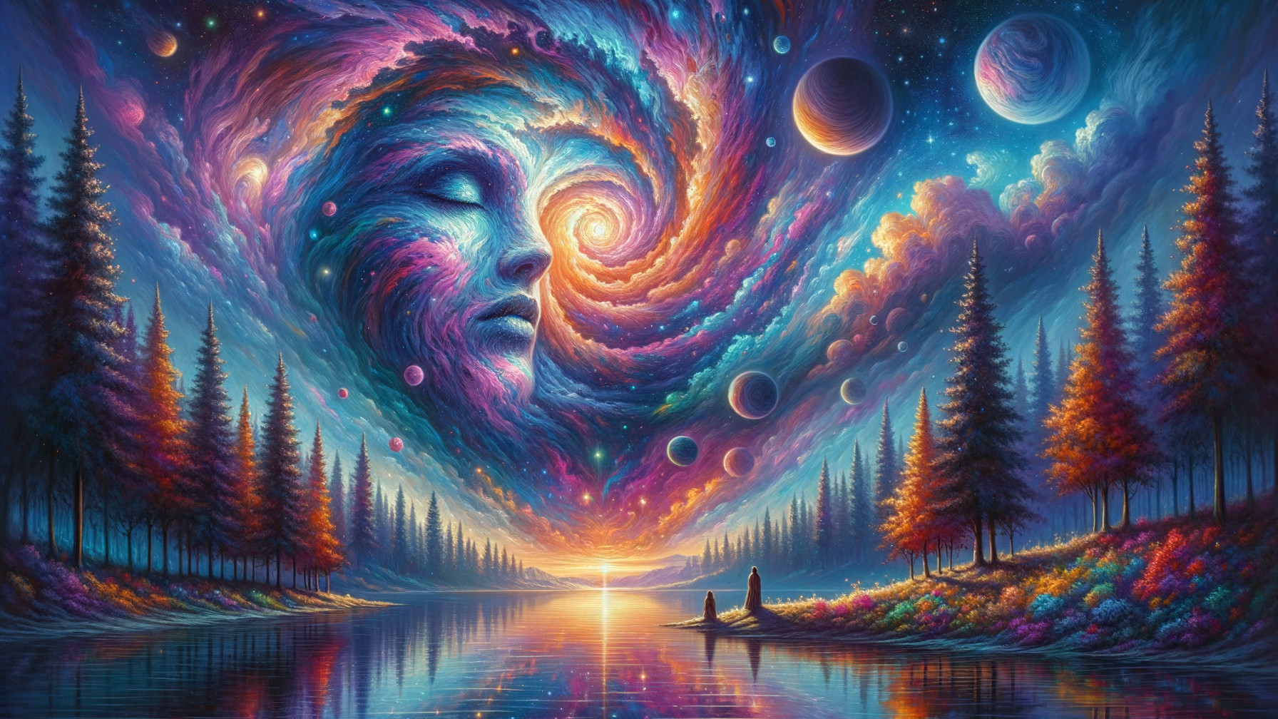 Cosmic Nebula with Reflective Lake and Silhouetted Figures