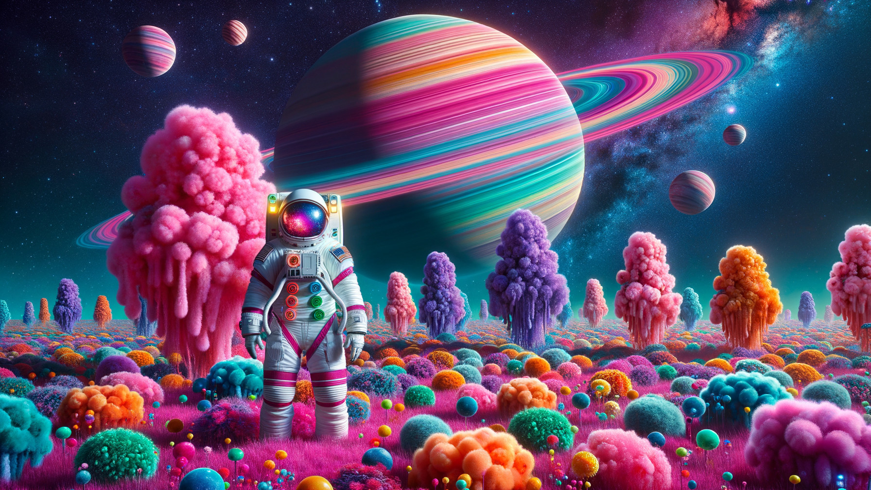 Astronaut on Colorful Alien Planet with Striped Sky