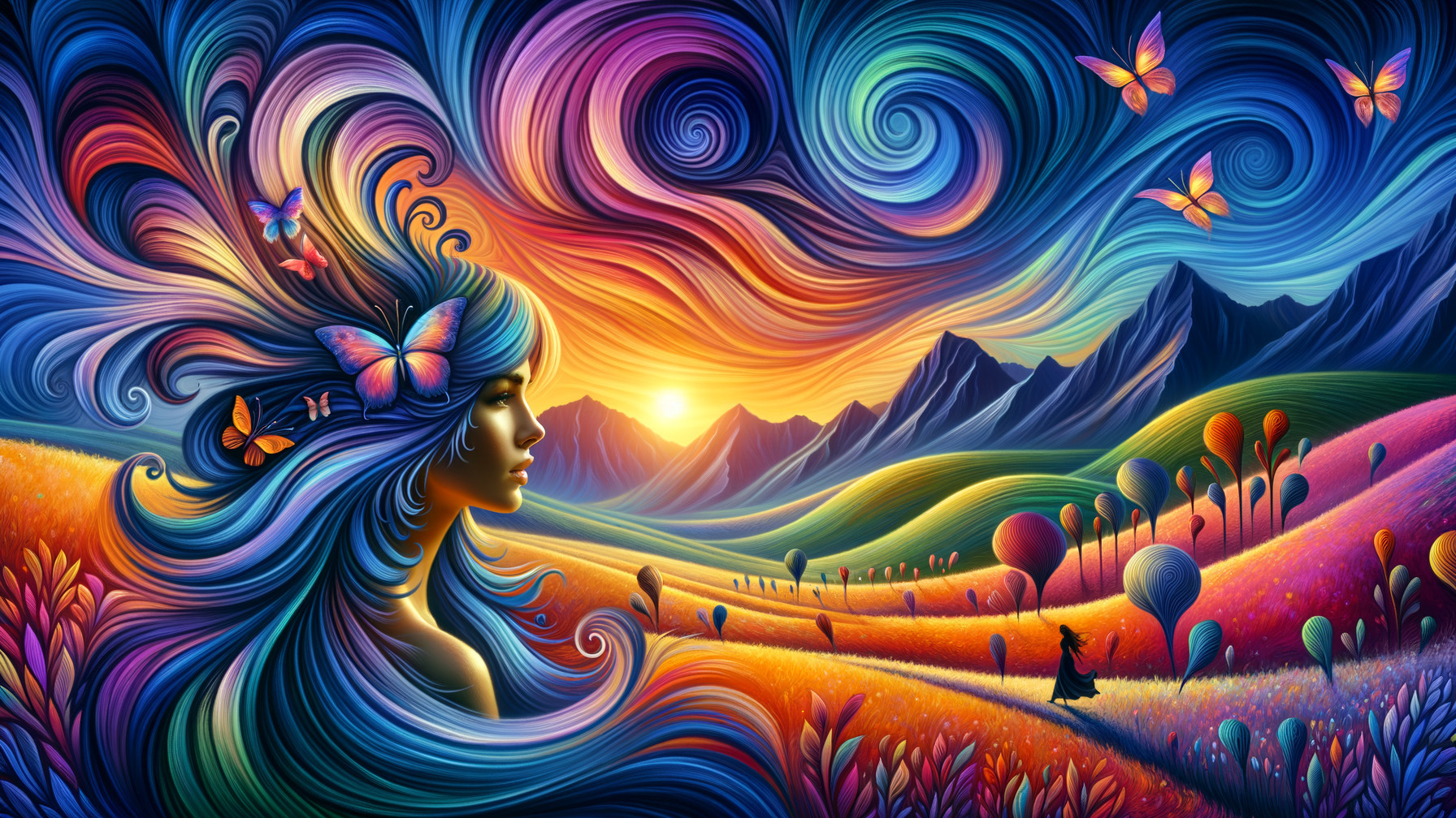 Vibrant Landscape with Colorful Hair and Butterflies