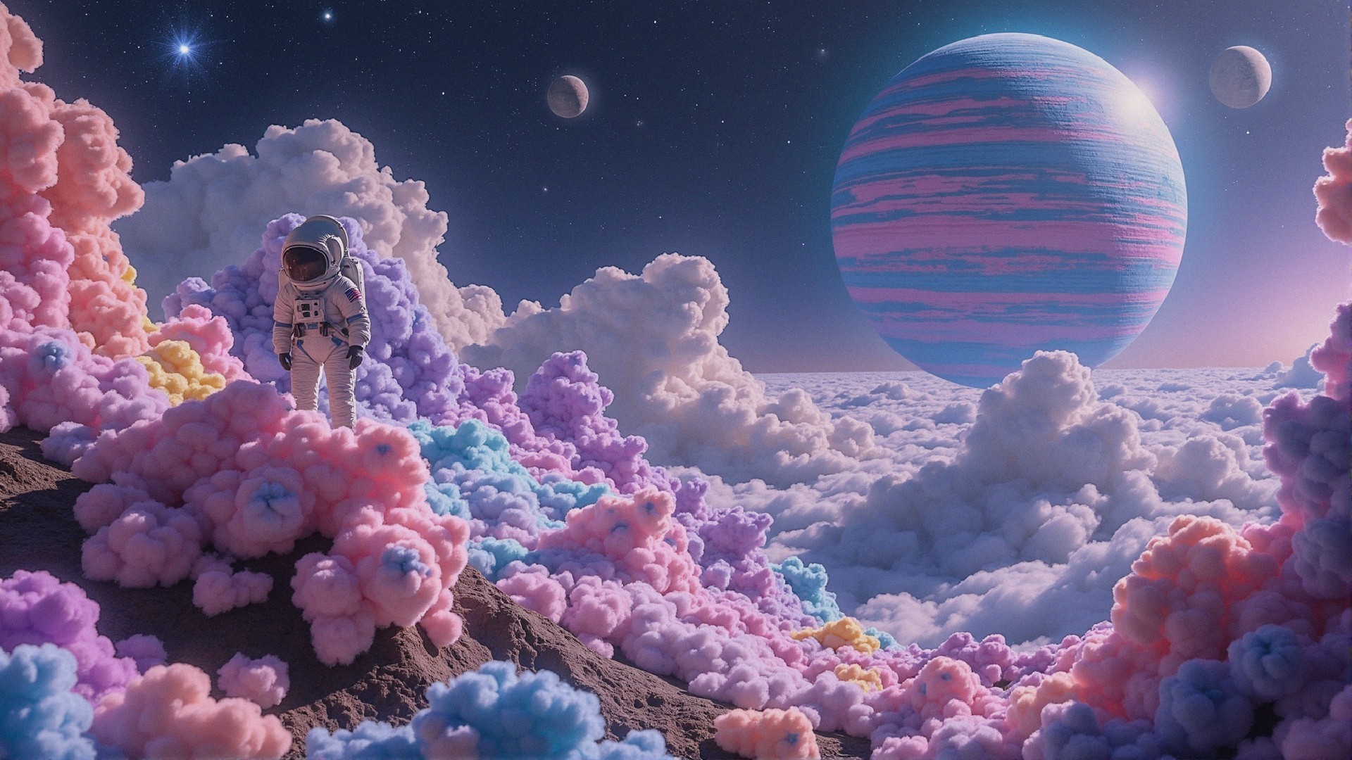 Astronaut in a Colorful, Surreal Cloud Landscape