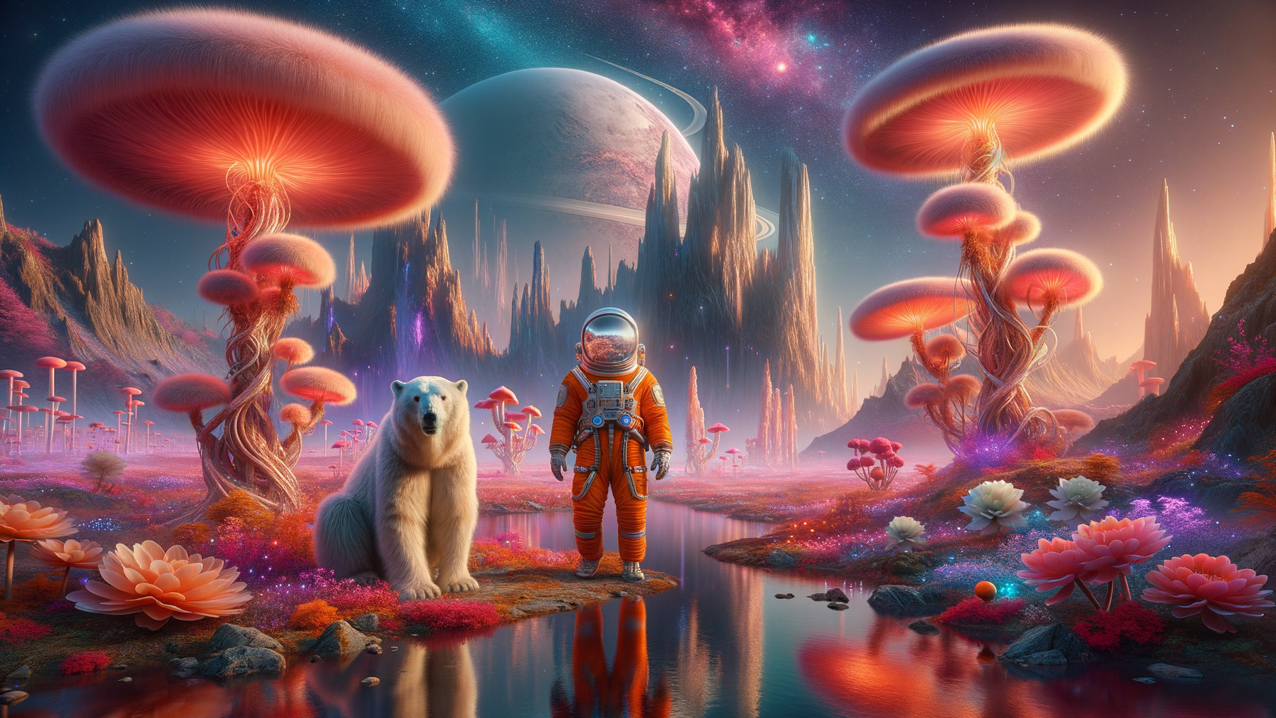 Astronaut and Polar Bear in Vibrant Alien Landscape