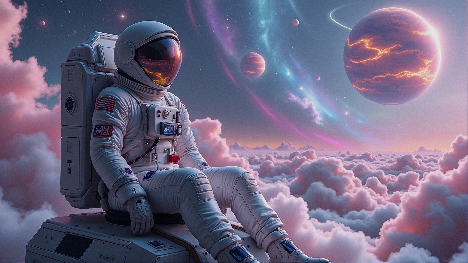 Astronaut on Cloud with Cosmic Scene and Nebulae