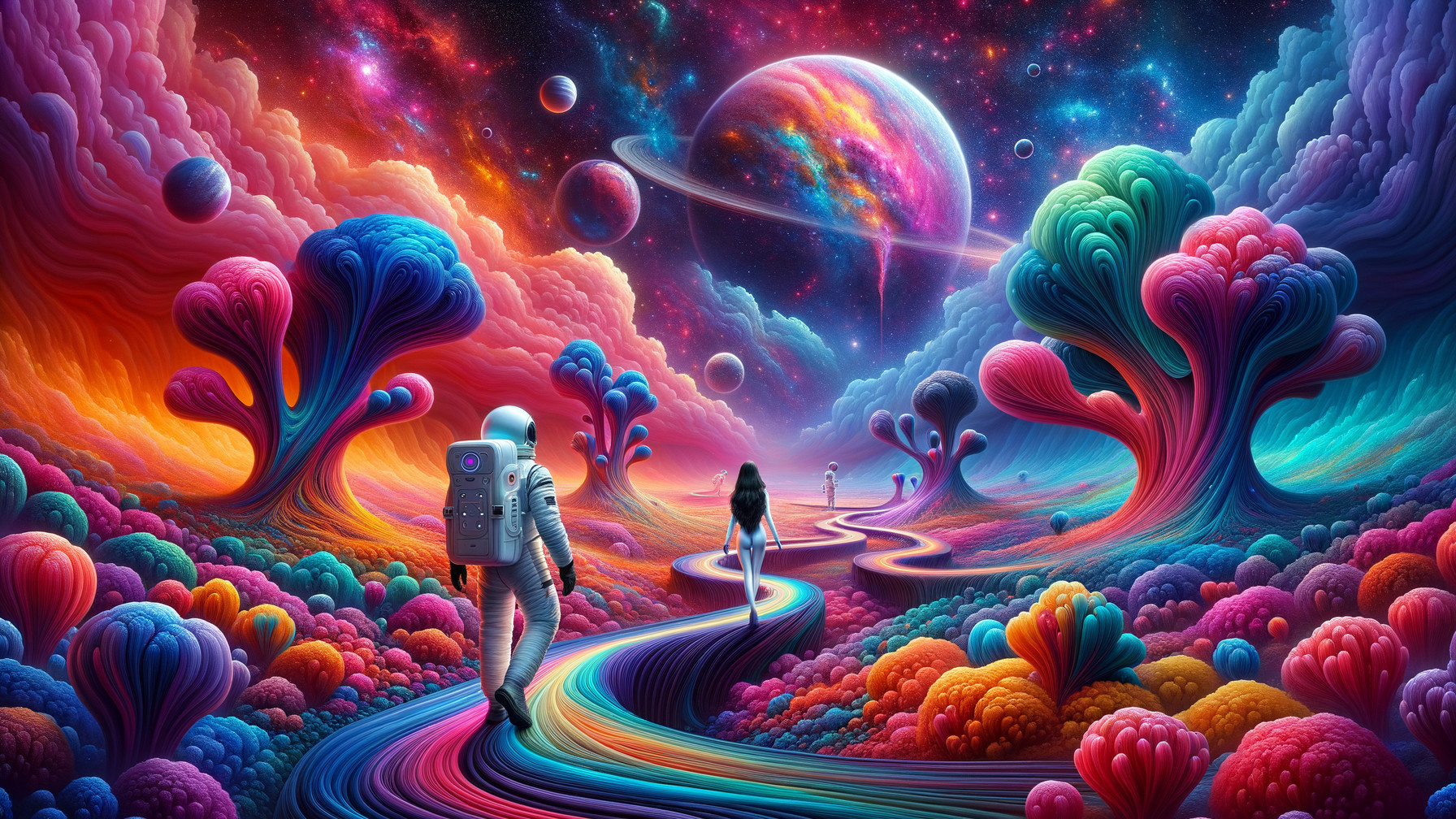 Astronaut in Surreal Landscape with Cosmic Sky