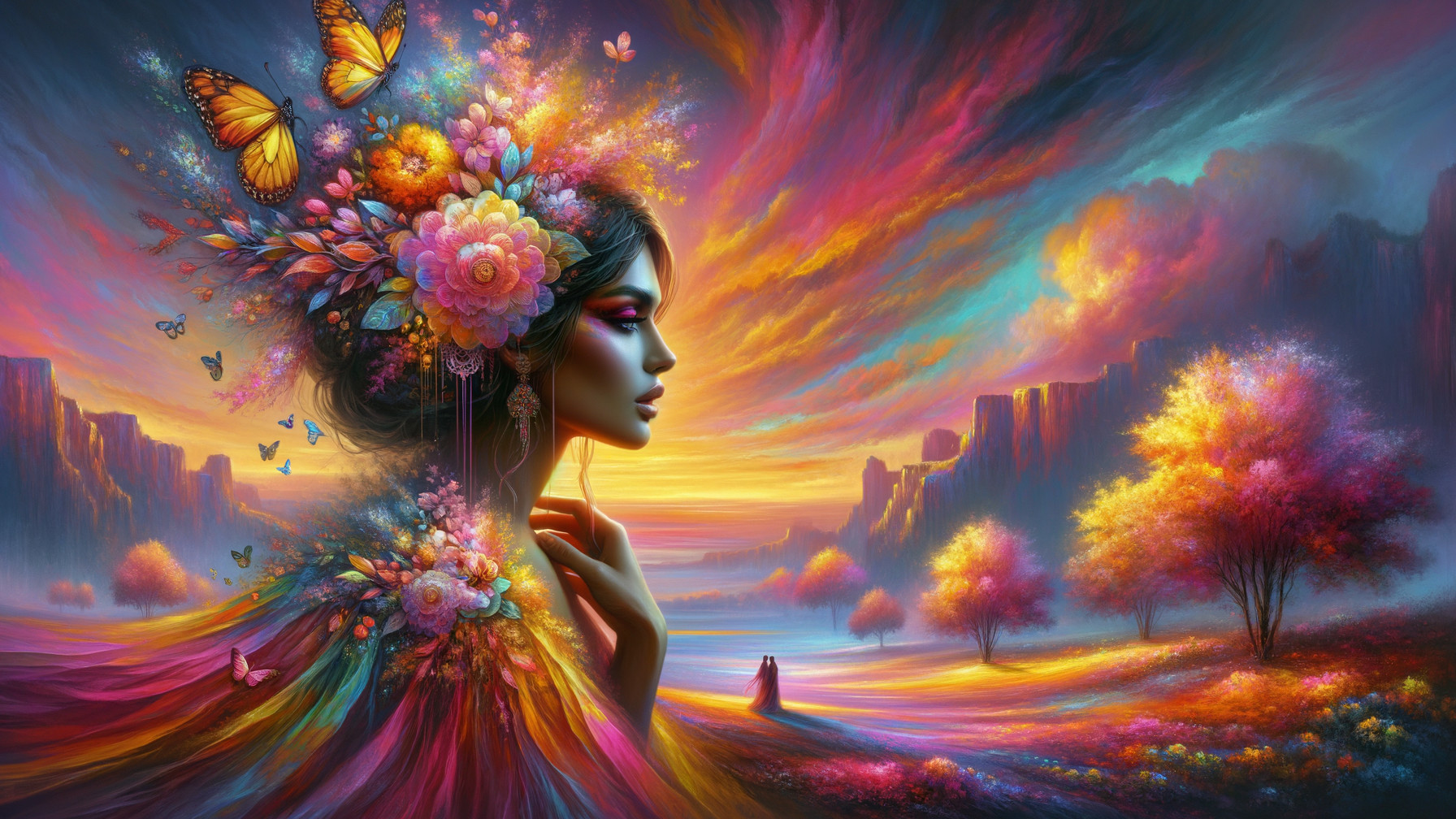 Portrait of a woman with flowers and butterflies at sunset