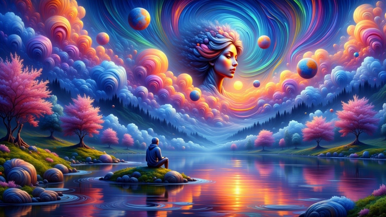 Tranquil lake scene with vibrant sky and mystical elements
