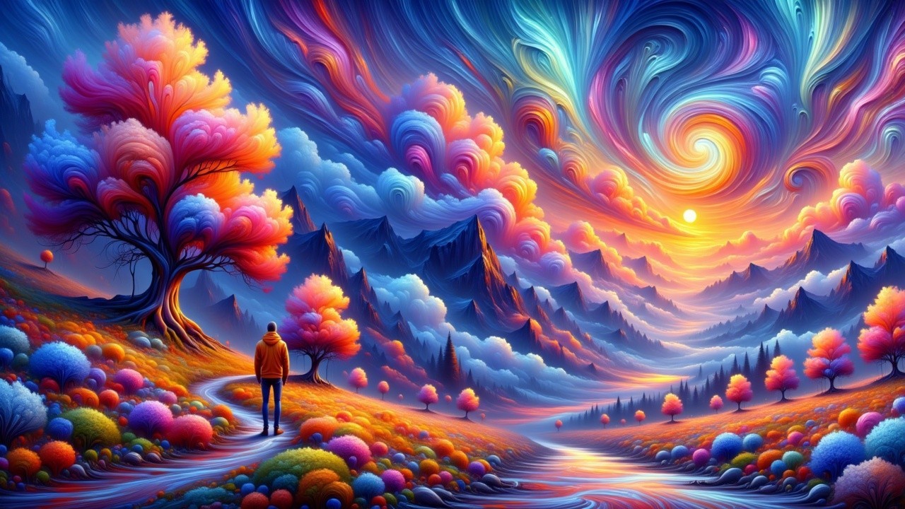 Vibrant Dreamlike Landscape with Colorful Nature Elements