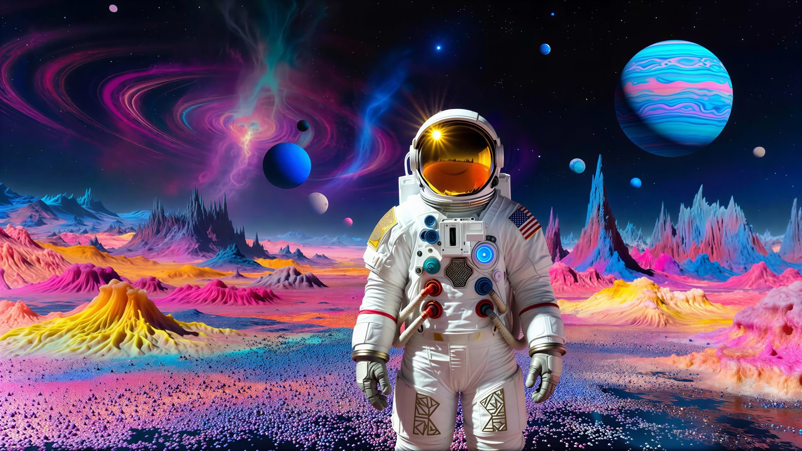 Astronaut on Colorful Alien Planet with Dramatic Landscape