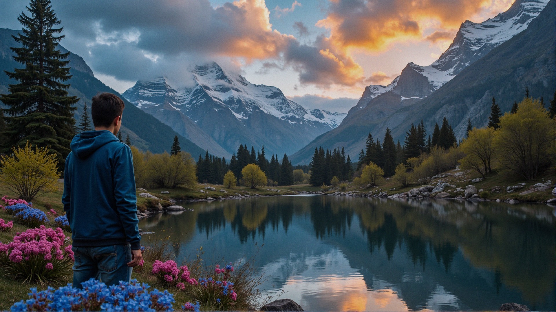 Tranquil Lake Landscape with Mountains and Sunset