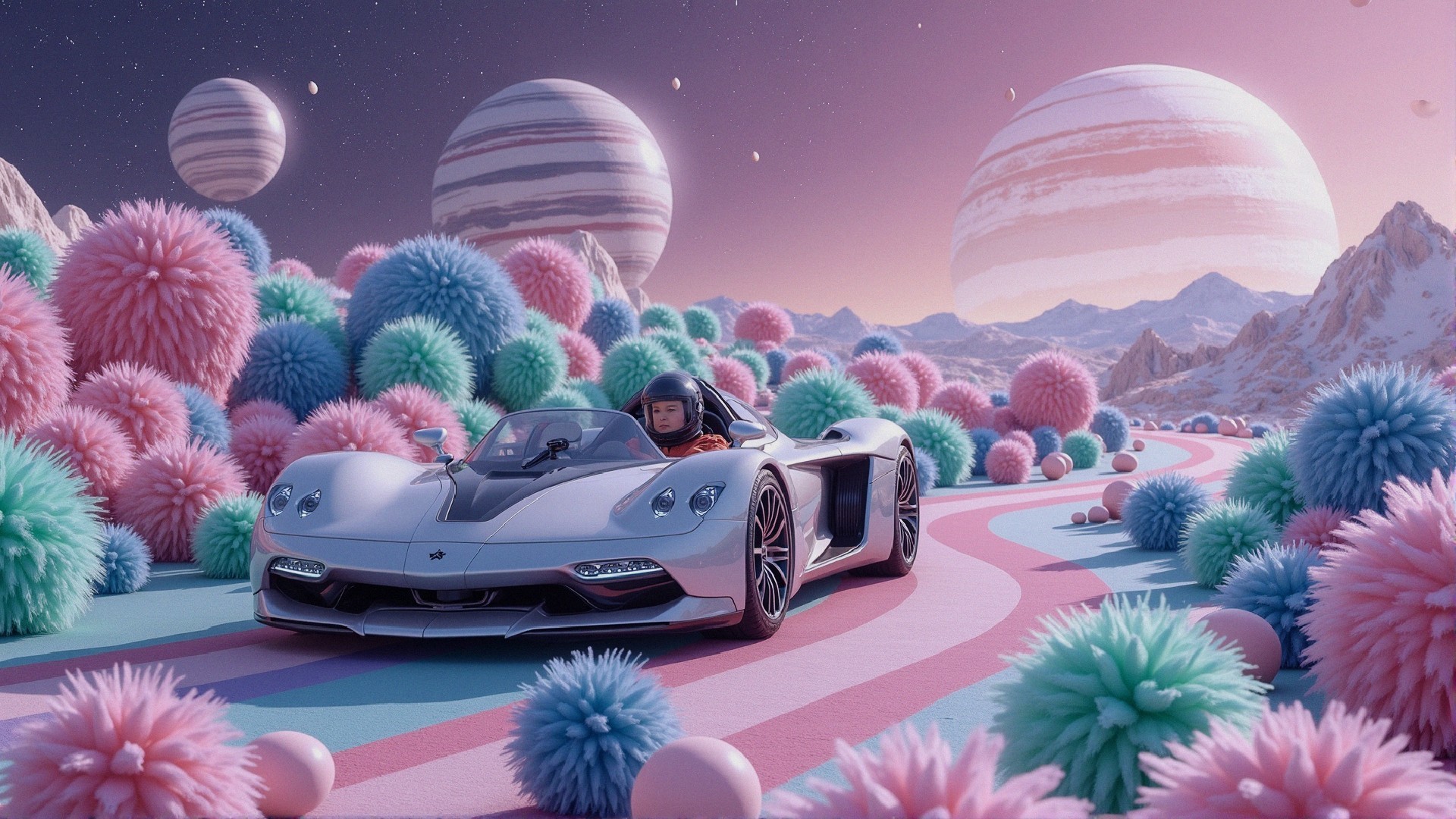 Futuristic car in a whimsical cosmic landscape