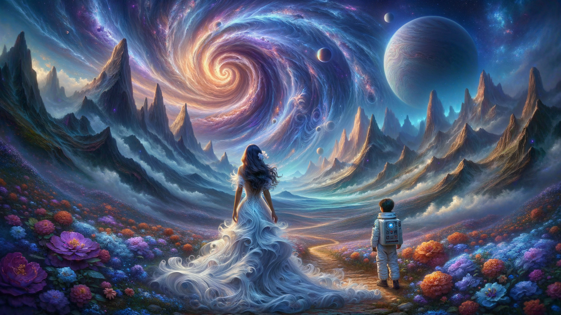 Cosmic Landscape with Woman and Astronaut Gazing at Galaxy