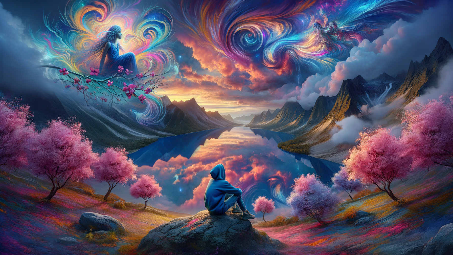 Vibrant Sunset Over Lake with Majestic Mountains