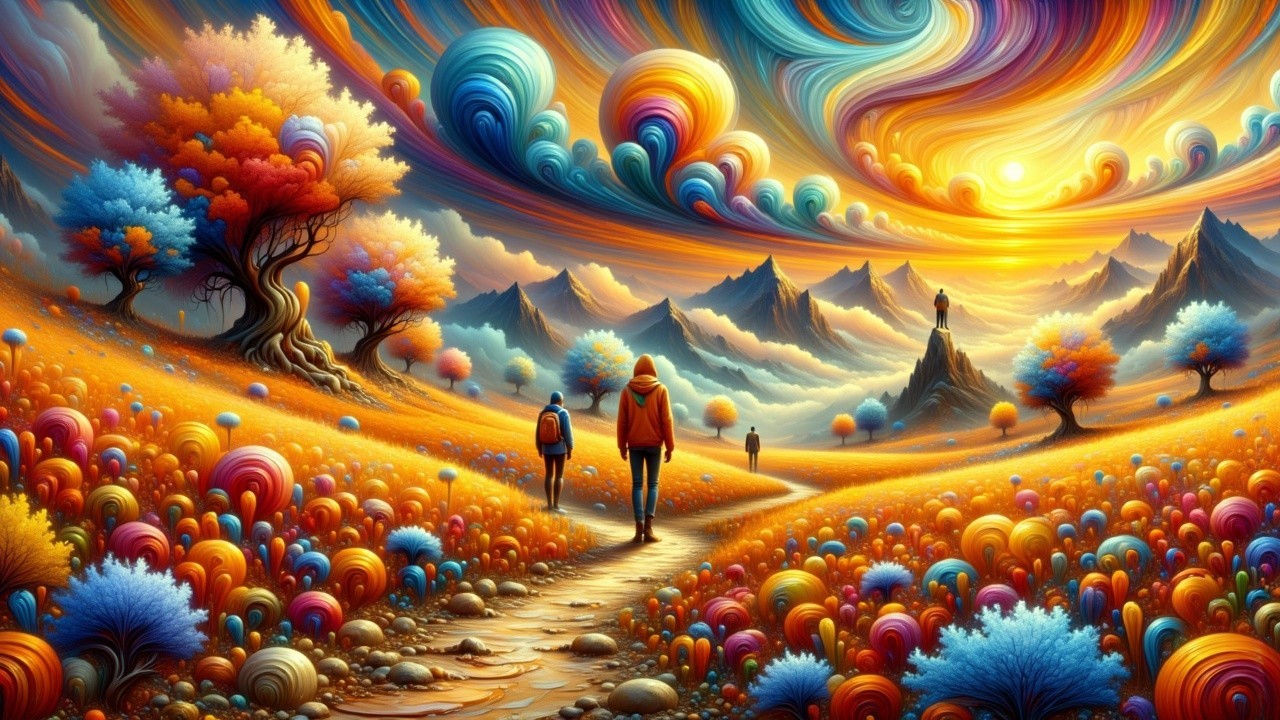 Surreal Landscape with Colorful Trees and Mountains