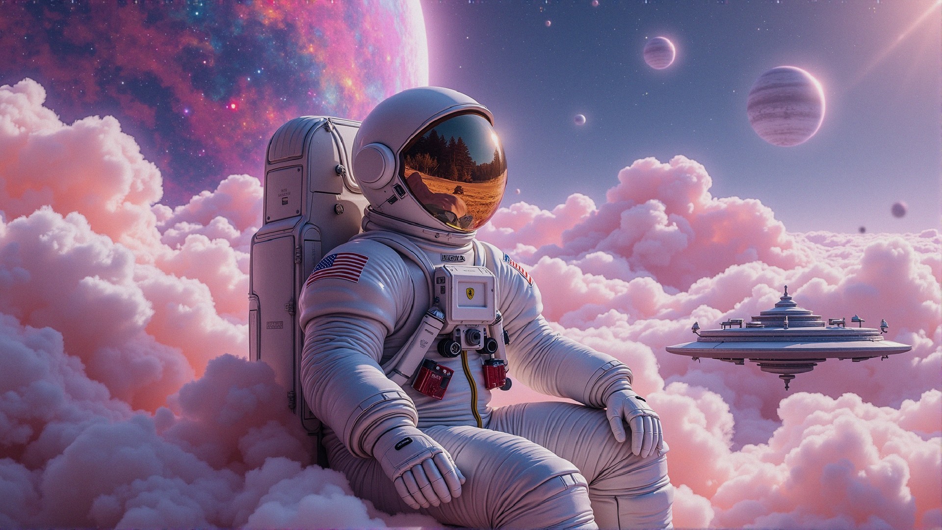 Astronaut in Space Suit Amidst Cosmic Landscape and Clouds
