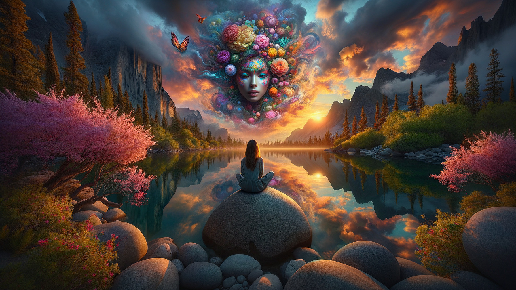 Serene Landscape with Lake and Colorful Sky Visage