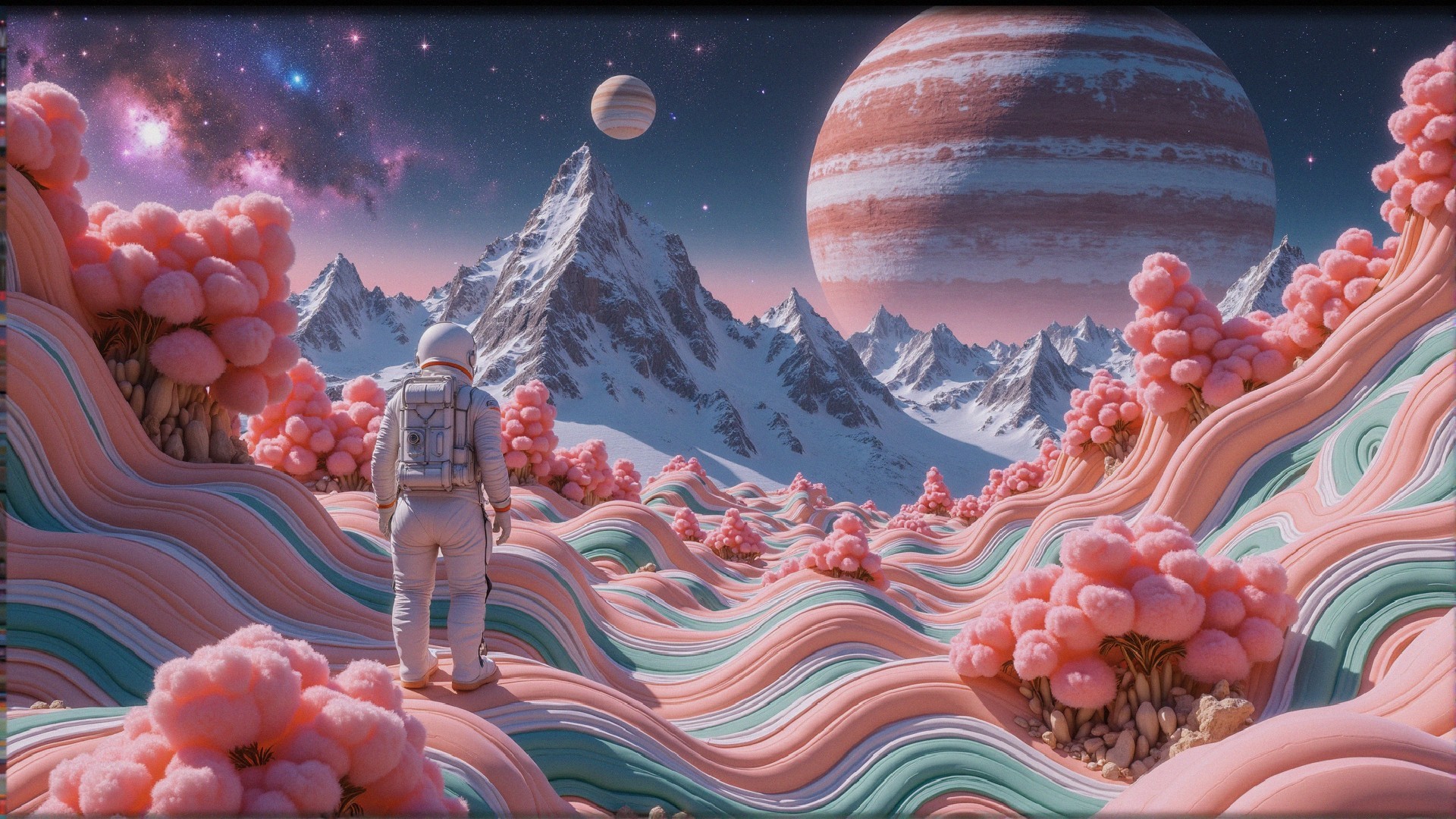 Astronaut in a surreal landscape with colorful planets