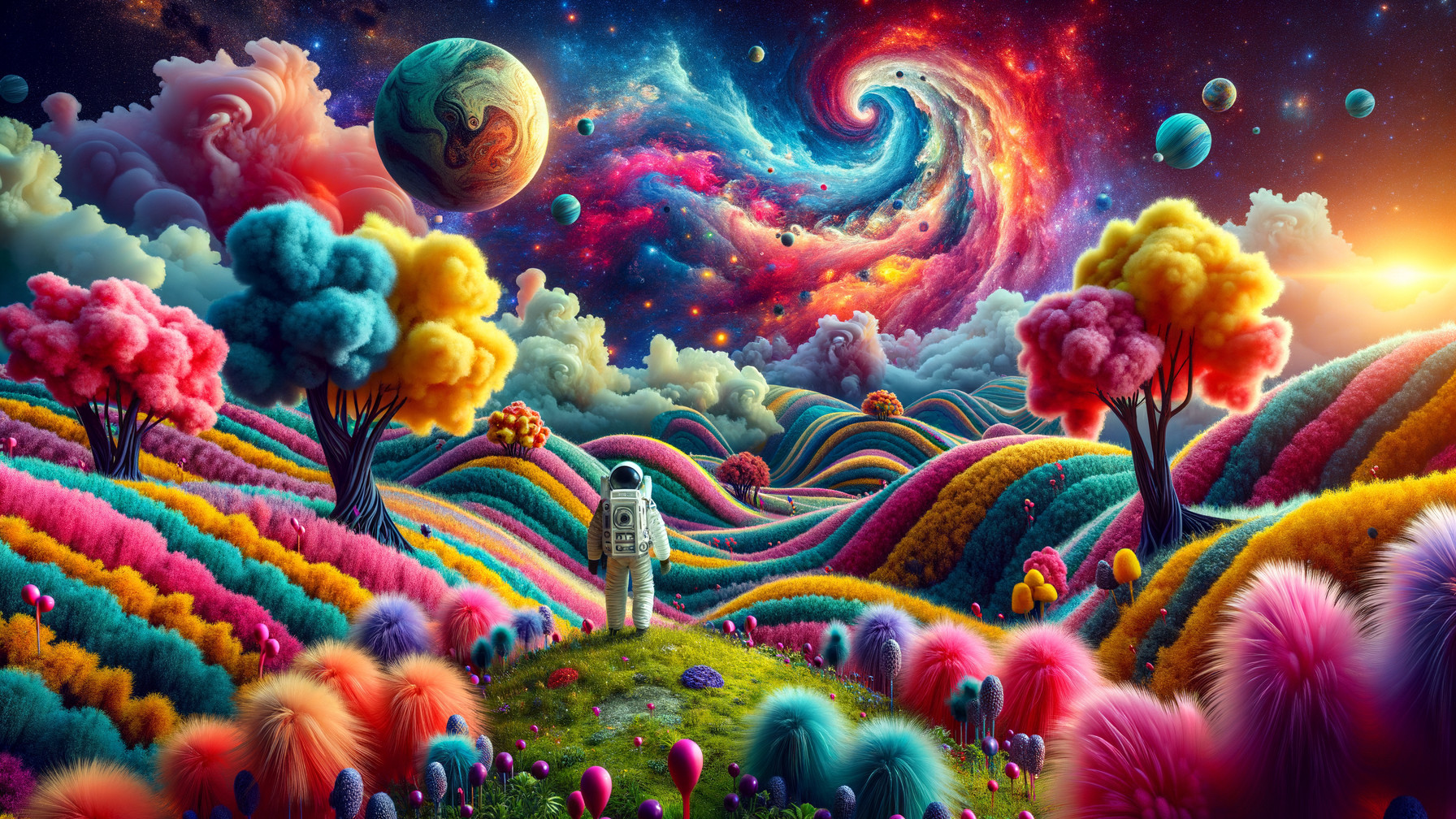 Surreal Landscape with Astronaut and Cosmic Elements