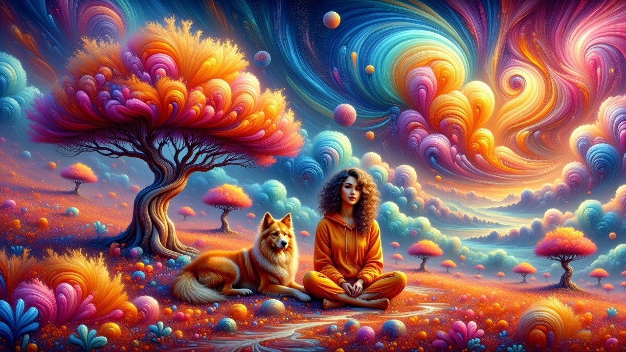 Surreal Landscape with Woman and Fluffy Dog
