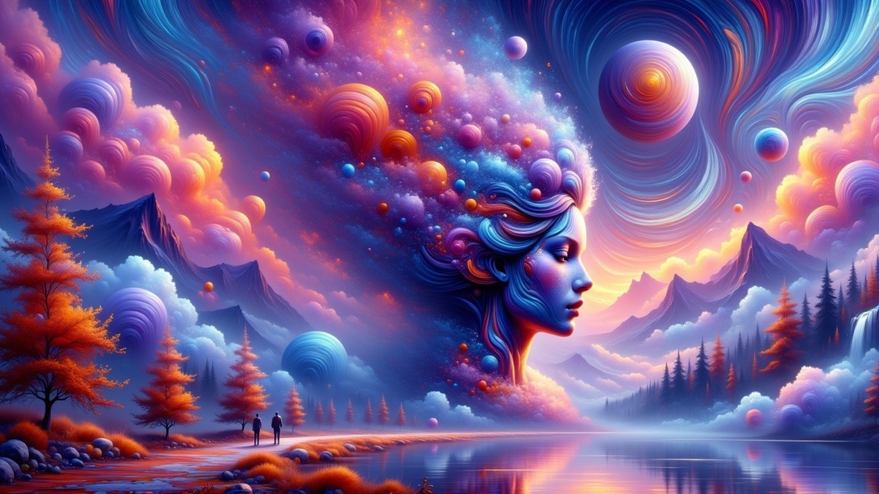 Surreal Landscape with Cosmic Colors and Figures