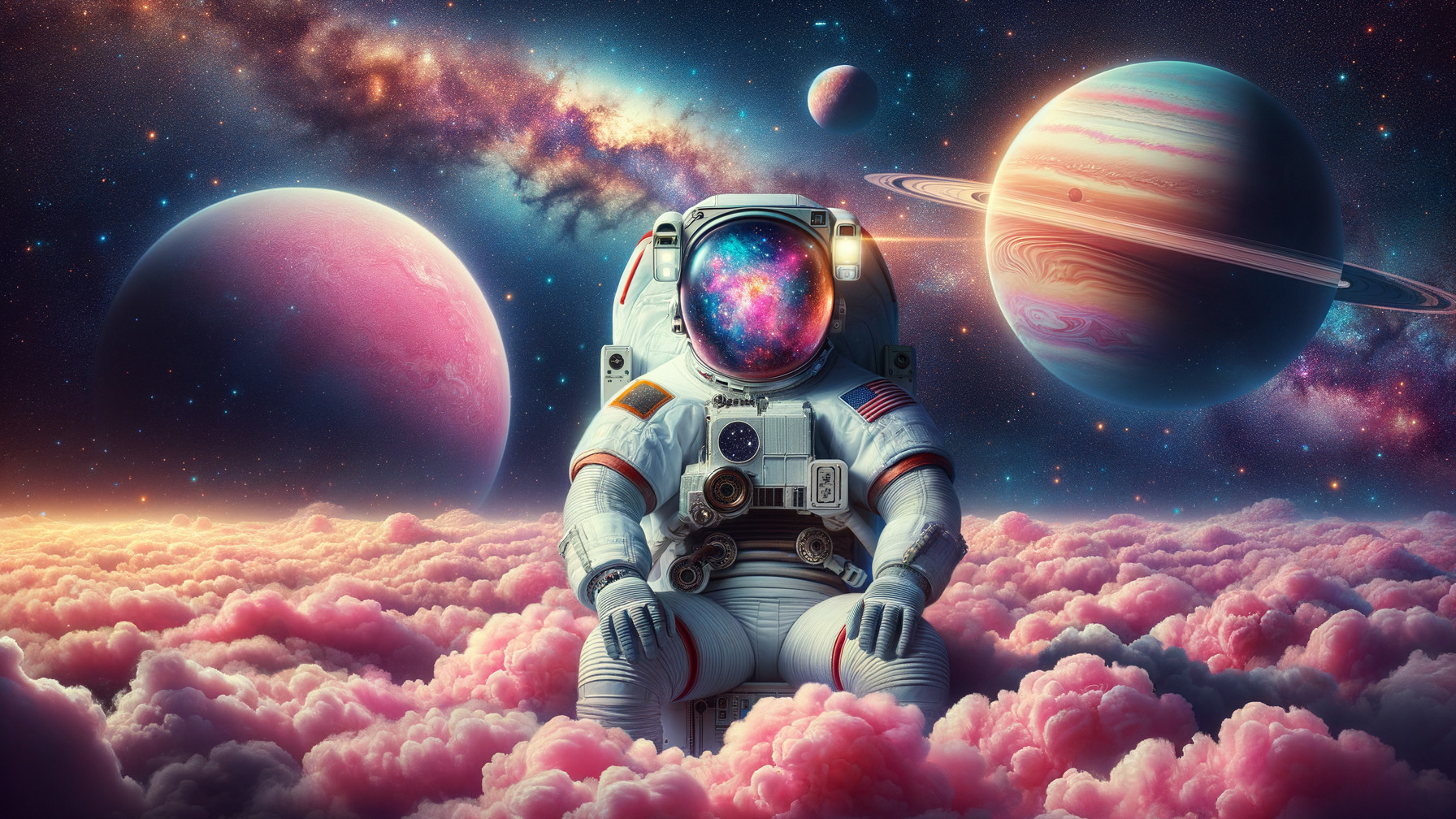 Astronaut on Pink Clouds in Cosmic Landscape