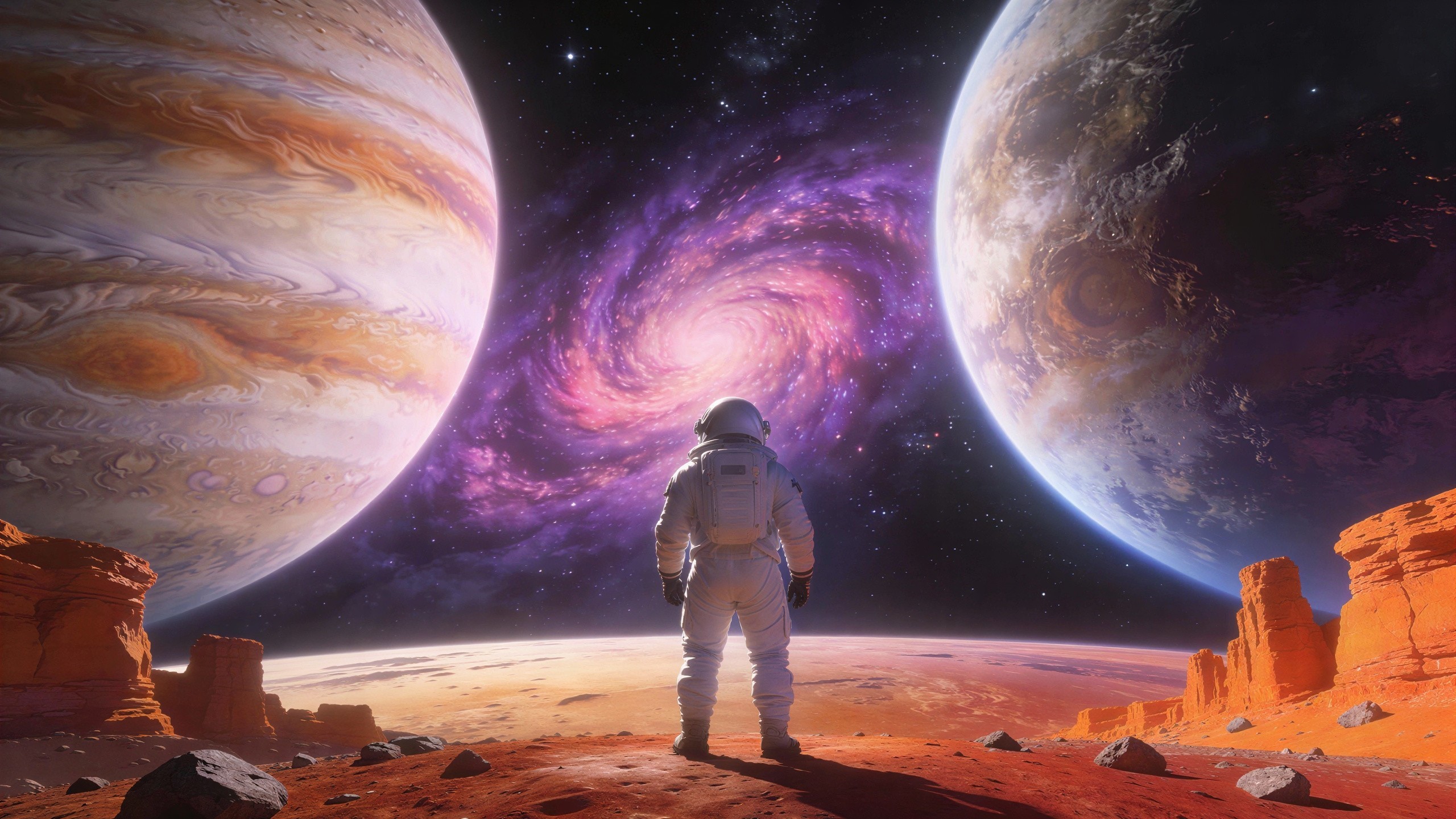 Astronaut on Reddish-Orange Alien Planet with Mesas