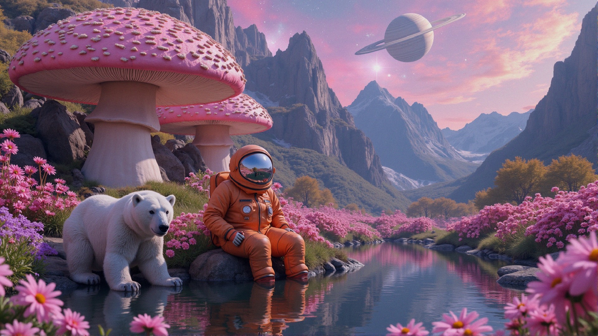 Astronaut and Polar Bear in Whimsical Landscape